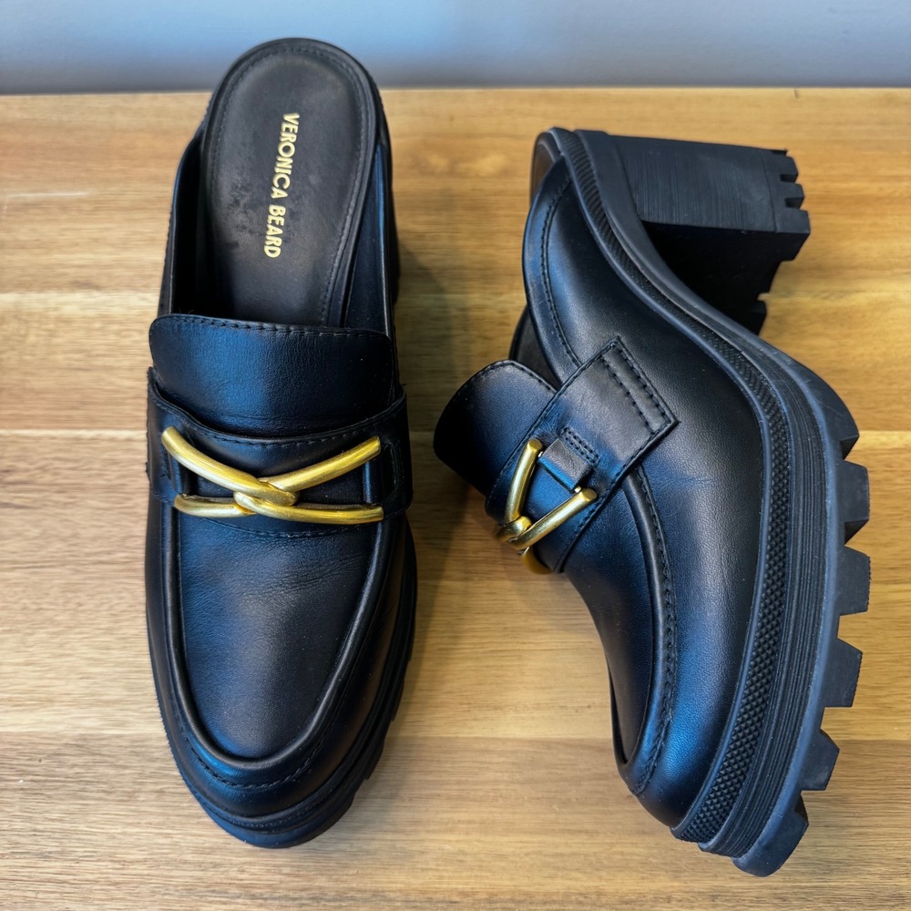 Veronica Beard Women 9.5 Black Leather Lug Sole Heeled Mule Loafers Gold Knot